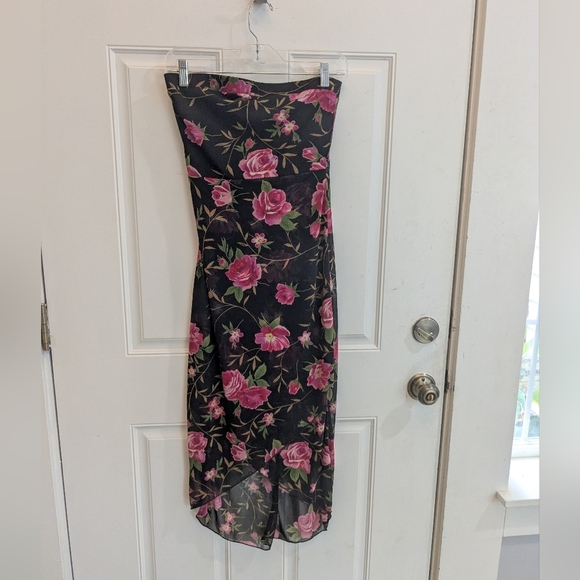 Y2K Ruby Rox Strapless Midi Dress Mesh Overlay - Picture 1 of 3